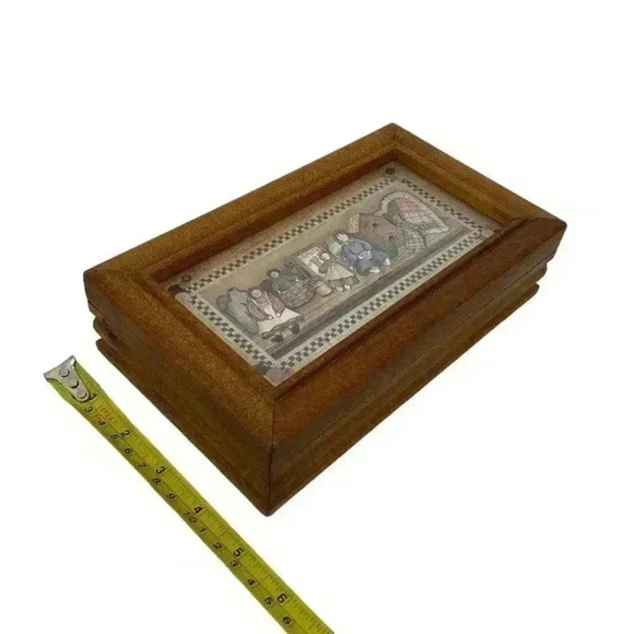 Wooden Jewelry Box Rag Dolls on Shelf Folk Art Print Hinged Lid Country Vintage - Picture 7 of 9
